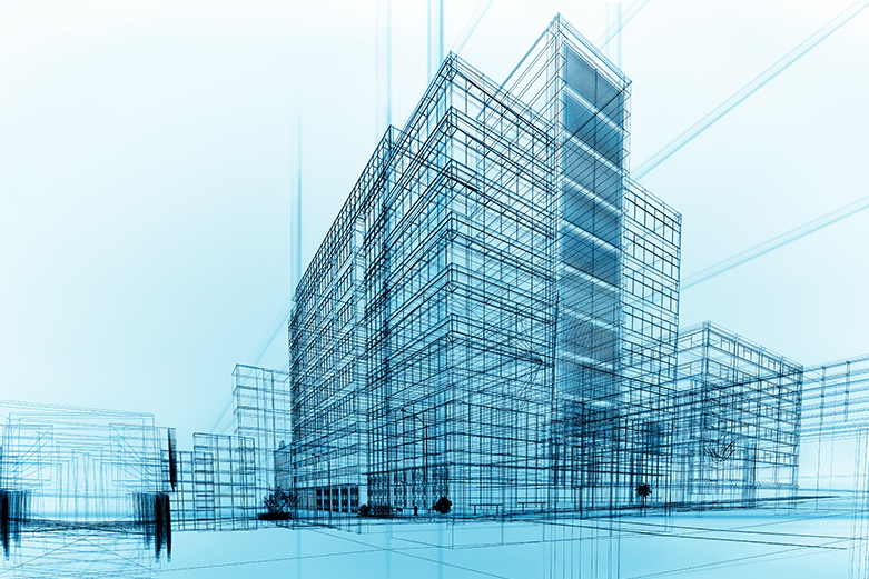 Digital rendering of a 3D building over a light blue background