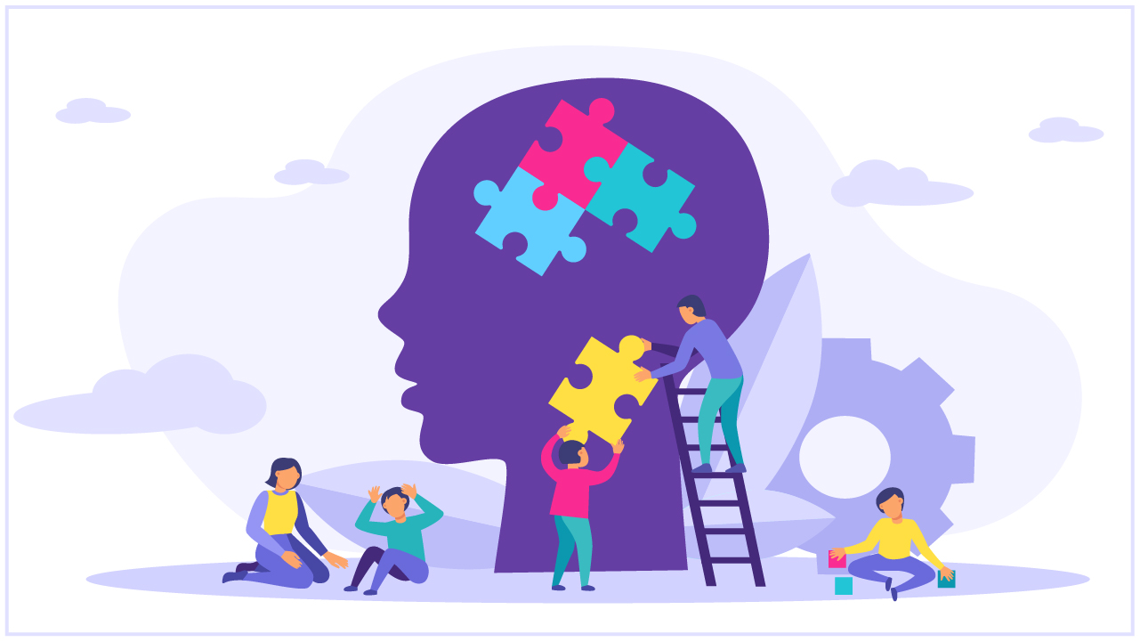 Head silhouette with colorful puzzles