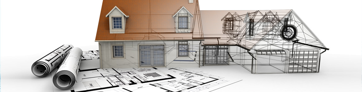 Digital rendering of a 3D house with blueprints