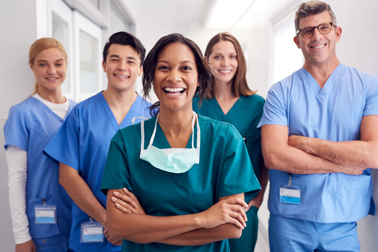 Diverse group of medical personnel in a hospital setting